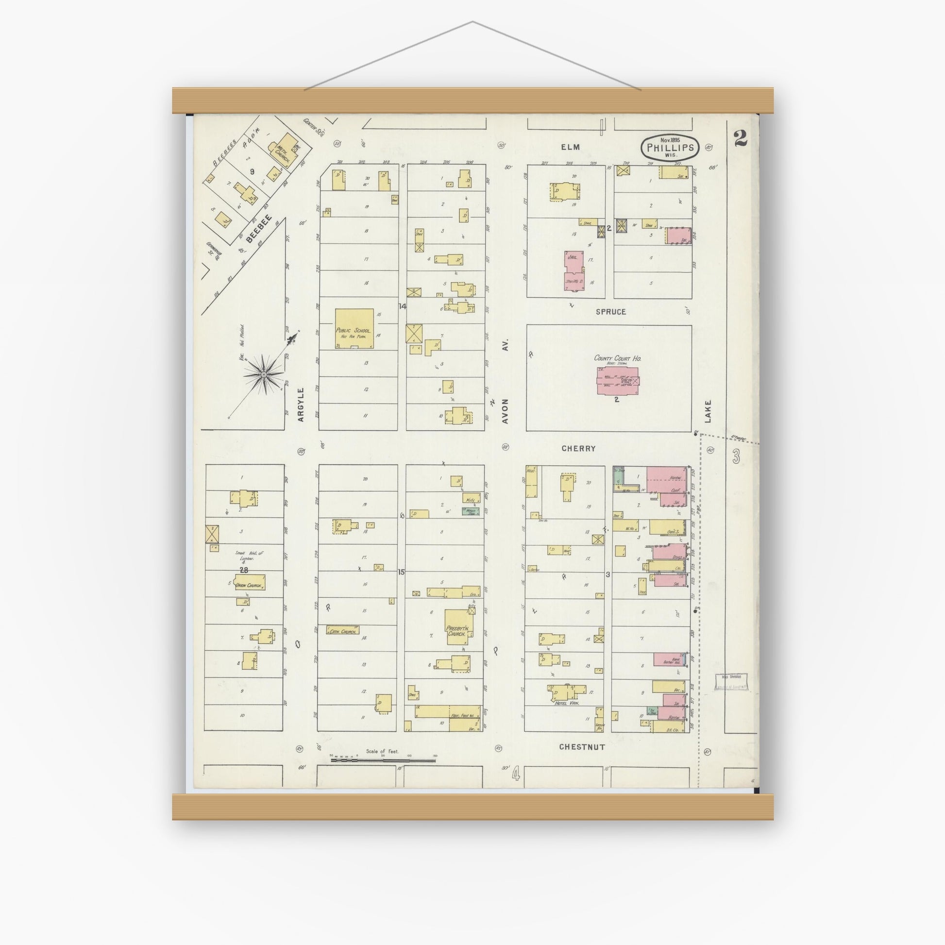 Old map wall art mockup — magnetic wood frame on white wall — Sanborn Fire Insurance Map from Phillips, Price County, Wisconsin (1895), Sheet #0002