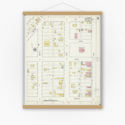 Old map wall art mockup — magnetic wood frame on white wall — Sanborn Fire Insurance Map from Phillips, Price County, Wisconsin (1895), Sheet #0002