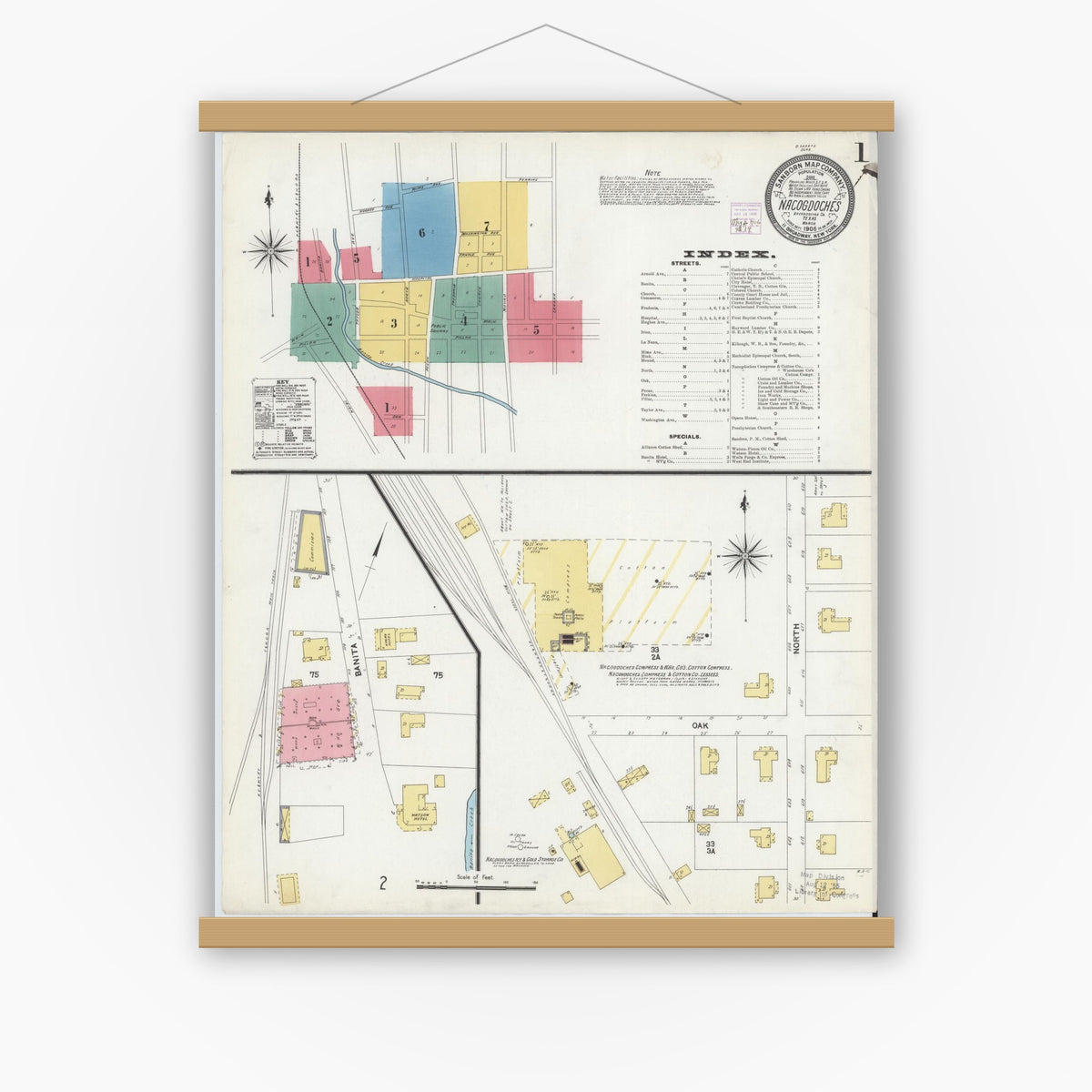 Old map wall art mockup — magnetic wood frame on white wall — Sanborn Fire Insurance Map from Nacogdoches, Nacogdoches County, Texas (1906) - Complete Map Set