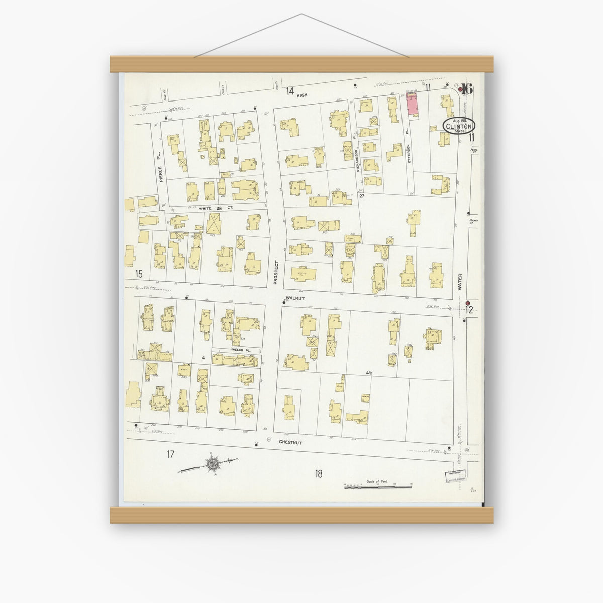 Old map wall art mockup — magnetic wood frame on white wall — Sanborn Fire Insurance Map from Clinton, Worcester County, Massachusetts (1911), Sheet #0016