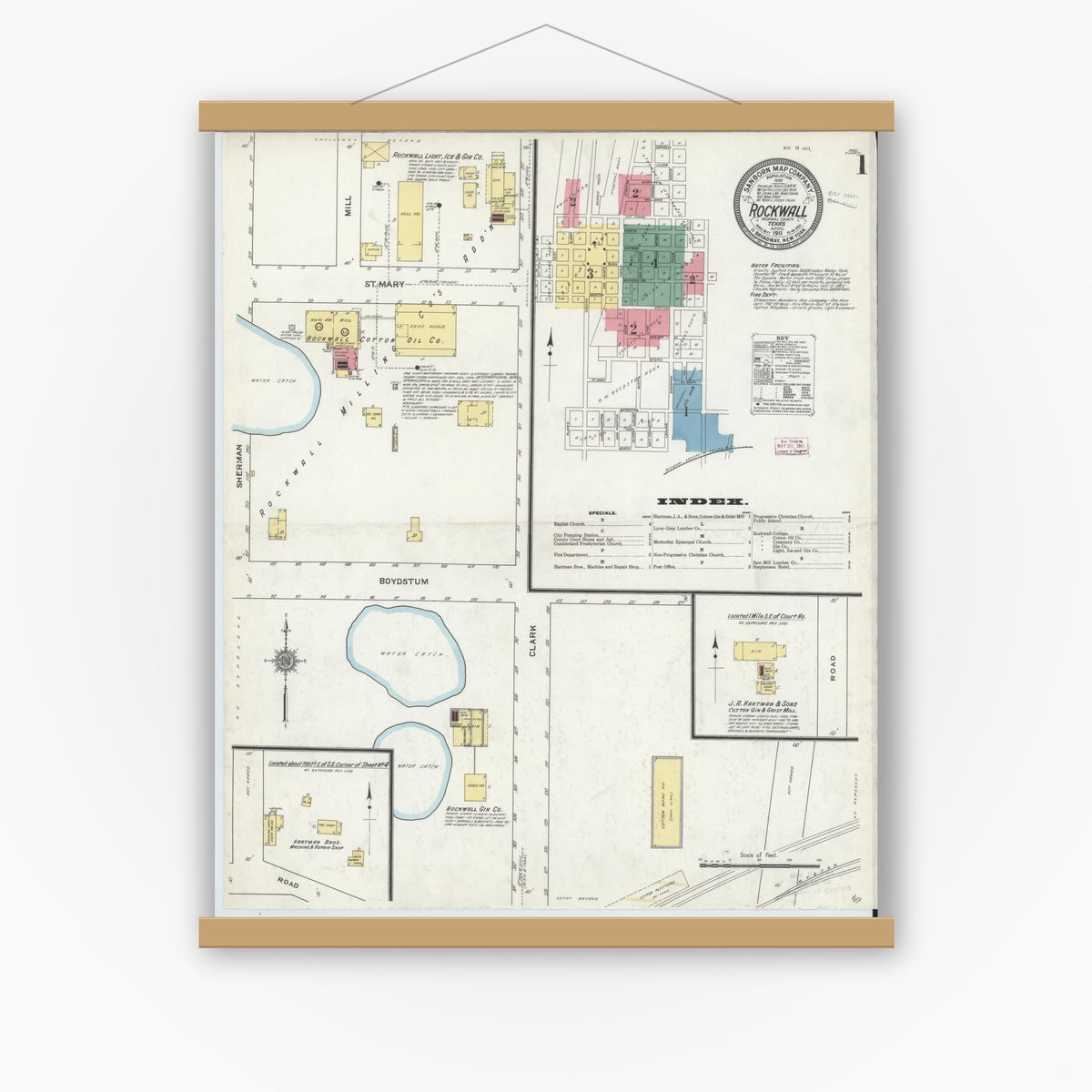 Old map wall art mockup — magnetic wood frame on white wall — Sanborn Fire Insurance Map from Rockwall, Rockwall County, Texas (1911), Sheet #0001