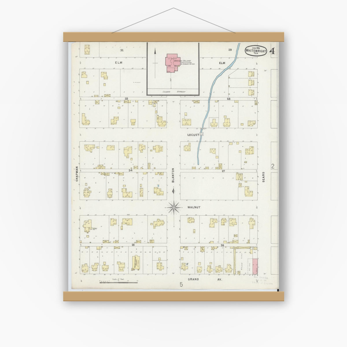 Old map wall art mockup — magnetic wood frame on white wall — Sanborn Fire Insurance Map from Whitewright, Grayson County, Texas (1896), Sheet #0004