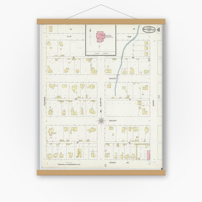 Old map wall art mockup — magnetic wood frame on white wall — Sanborn Fire Insurance Map from Whitewright, Grayson County, Texas (1896), Sheet #0004