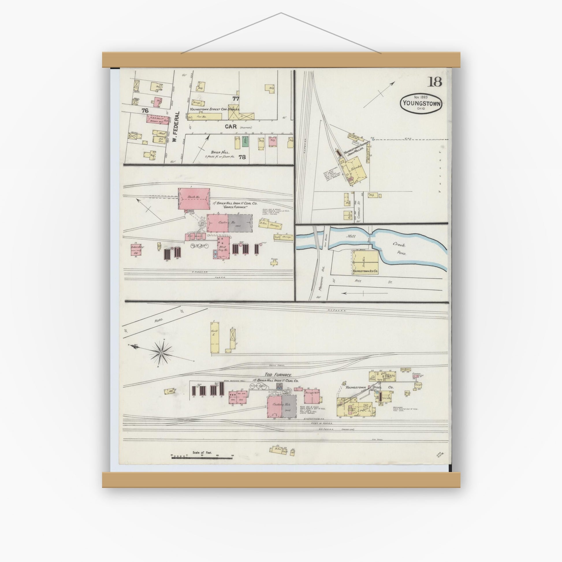 Old map wall art mockup — magnetic wood frame on white wall — Sanborn Fire Insurance Map from Youngstown, Mahoning County, Ohio (1889), Sheet #0018