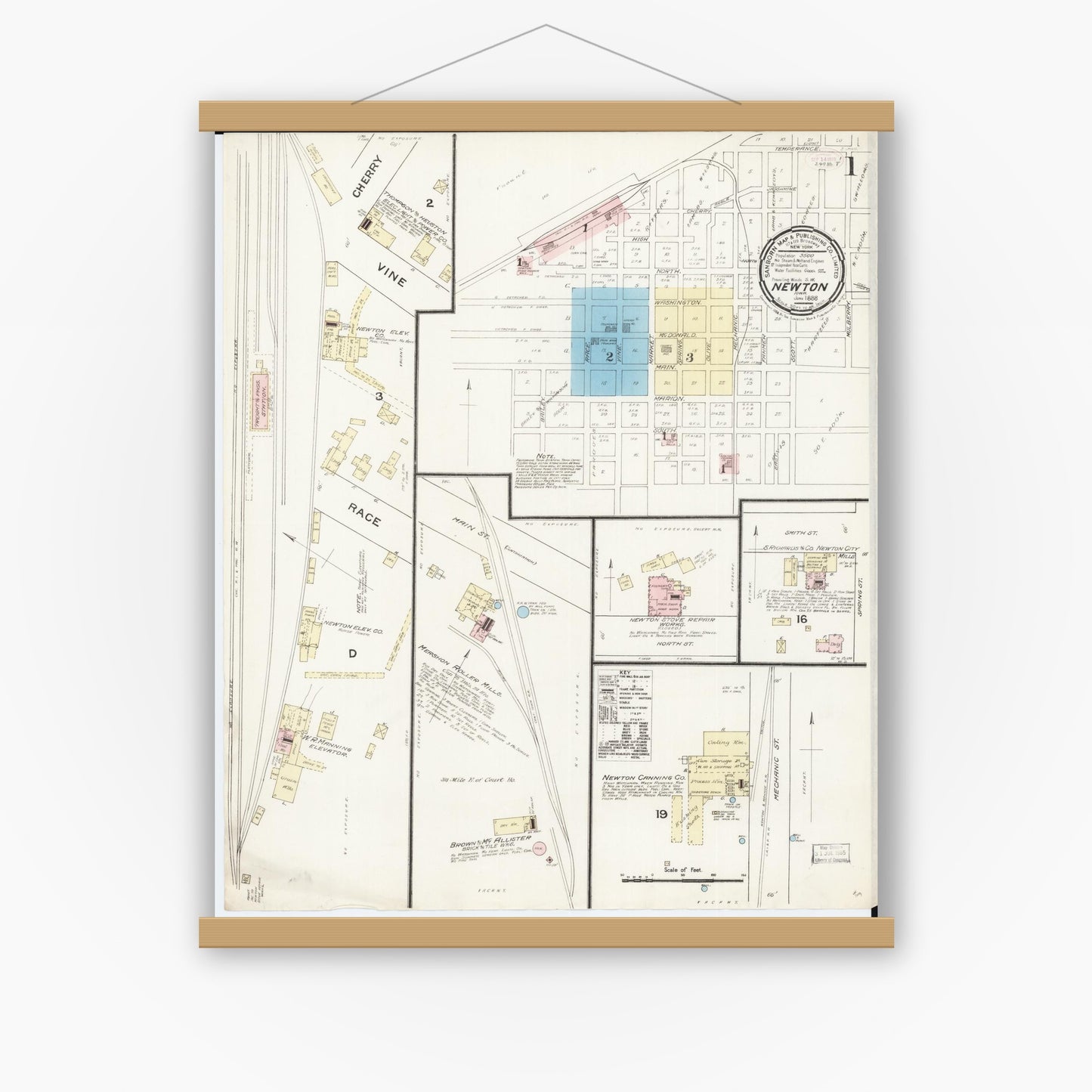 Old map wall art mockup — magnetic wood frame on white wall — Sanborn Fire Insurance Map from Newton, Jasper County, Iowa (1888) â€” Complete Set