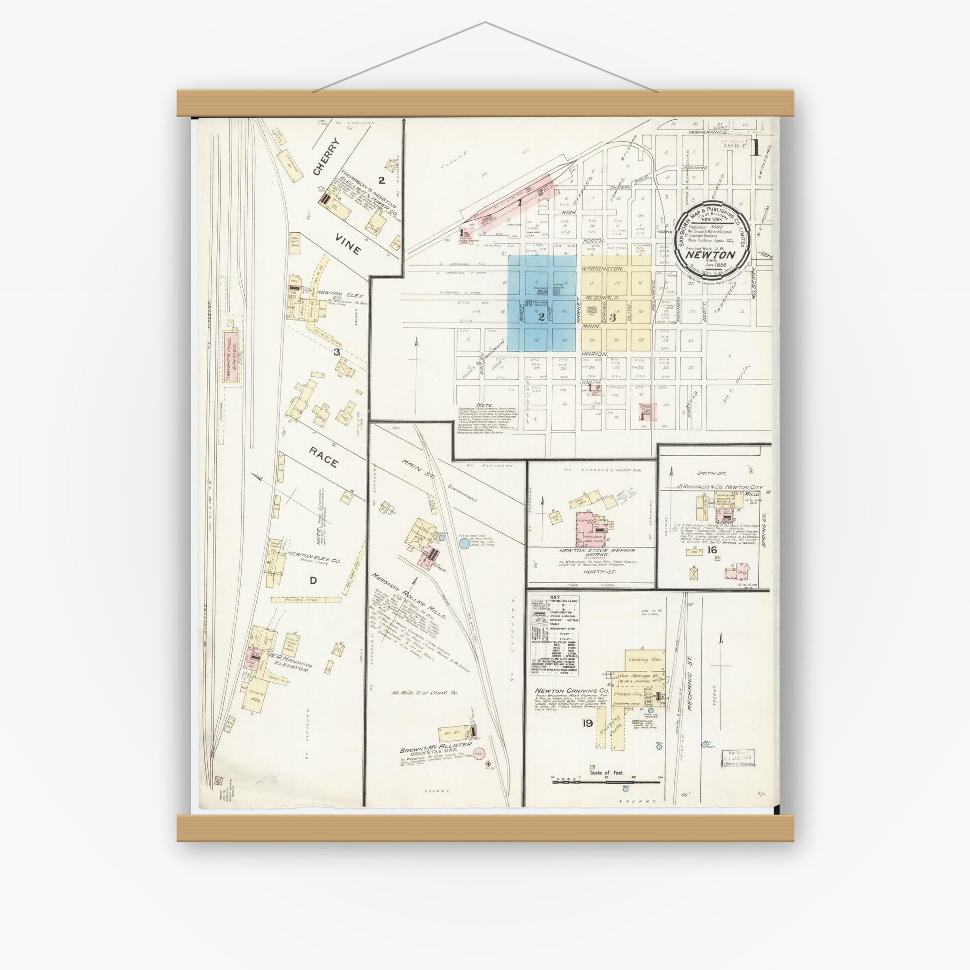 Old map wall art mockup — magnetic wood frame on white wall — Sanborn Fire Insurance Map from Newton, Jasper County, Iowa (1888) â€” Complete Set