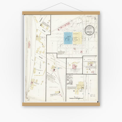 Old map wall art mockup — magnetic wood frame on white wall — Sanborn Fire Insurance Map from Newton, Jasper County, Iowa (1888) â€” Complete Set