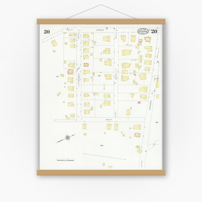 Old map wall art mockup — magnetic wood frame on white wall — Sanborn Fire Insurance Map from Monroe, Union County, North Carolina (1930), Sheet #0020