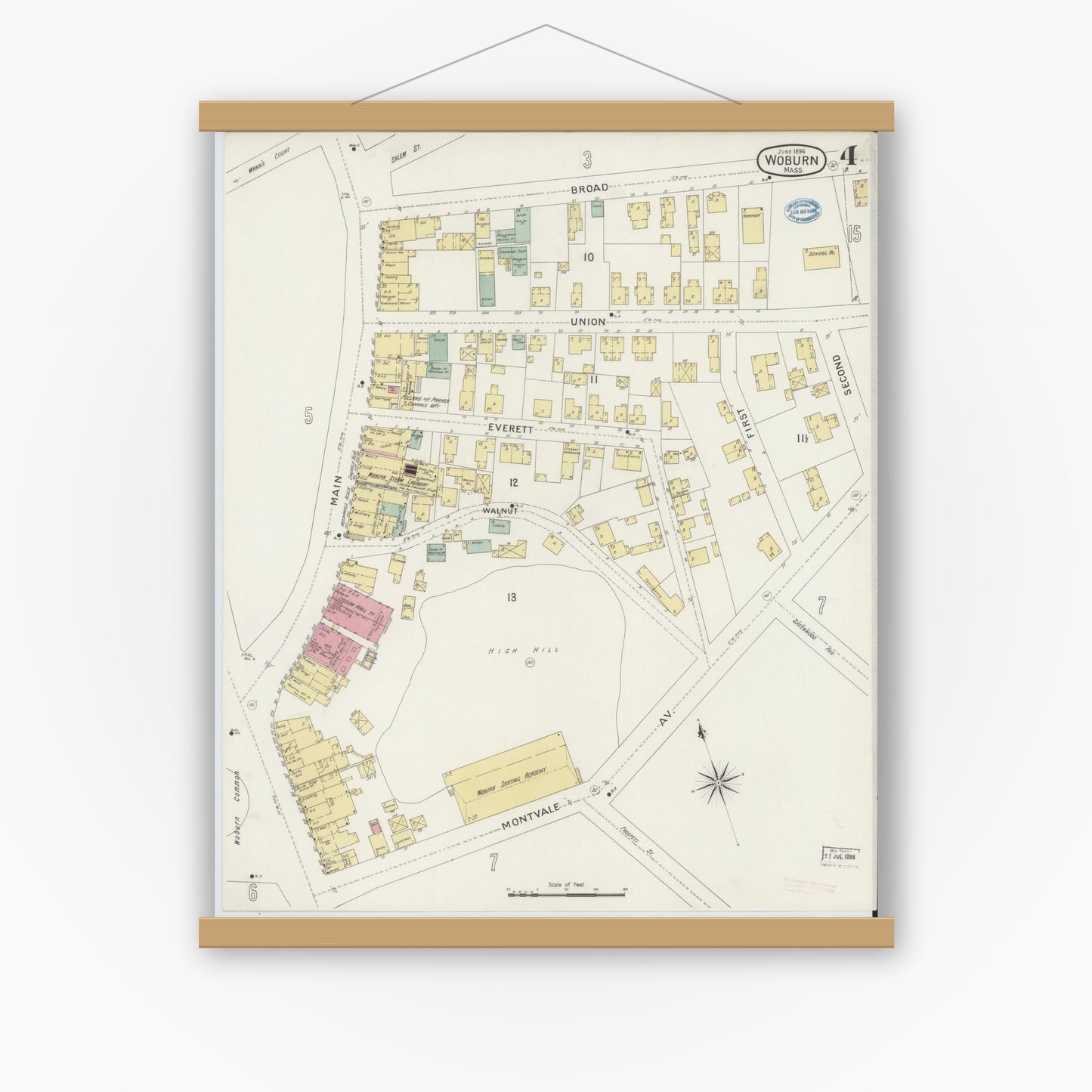 Old map wall art mockup — magnetic wood frame on white wall — Sanborn Fire Insurance Map from Woburn, Middlesex County, Massachusetts (1894), Sheet #0004