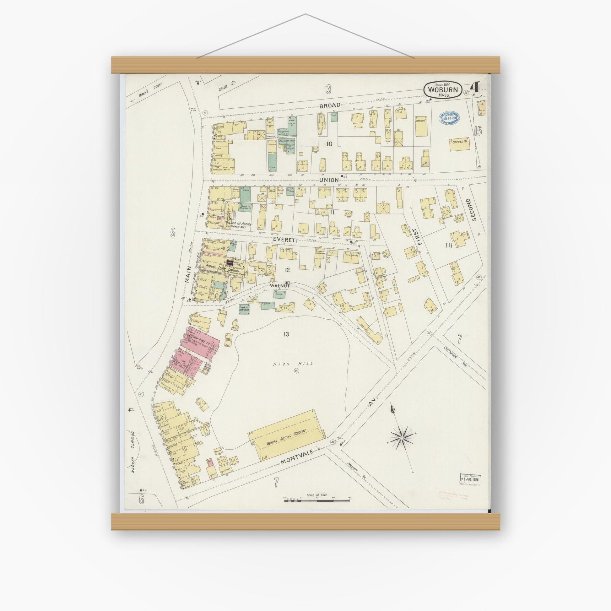 Old map wall art mockup — magnetic wood frame on white wall — Sanborn Fire Insurance Map from Woburn, Middlesex County, Massachusetts (1894), Sheet #0004