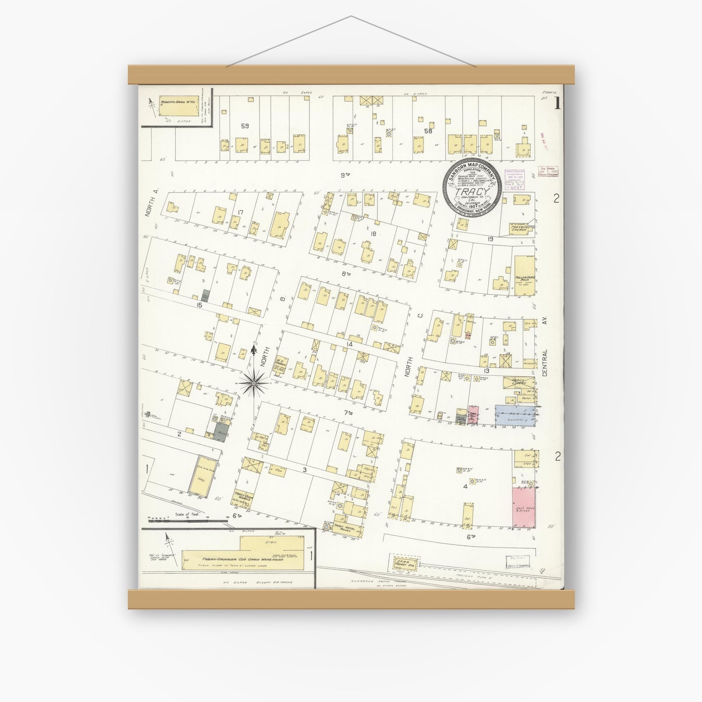 Old map wall art mockup — magnetic wood frame on white wall — Sanborn Fire Insurance Map from Tracy, San Joaquin County, California (1907) - Complete Map Set