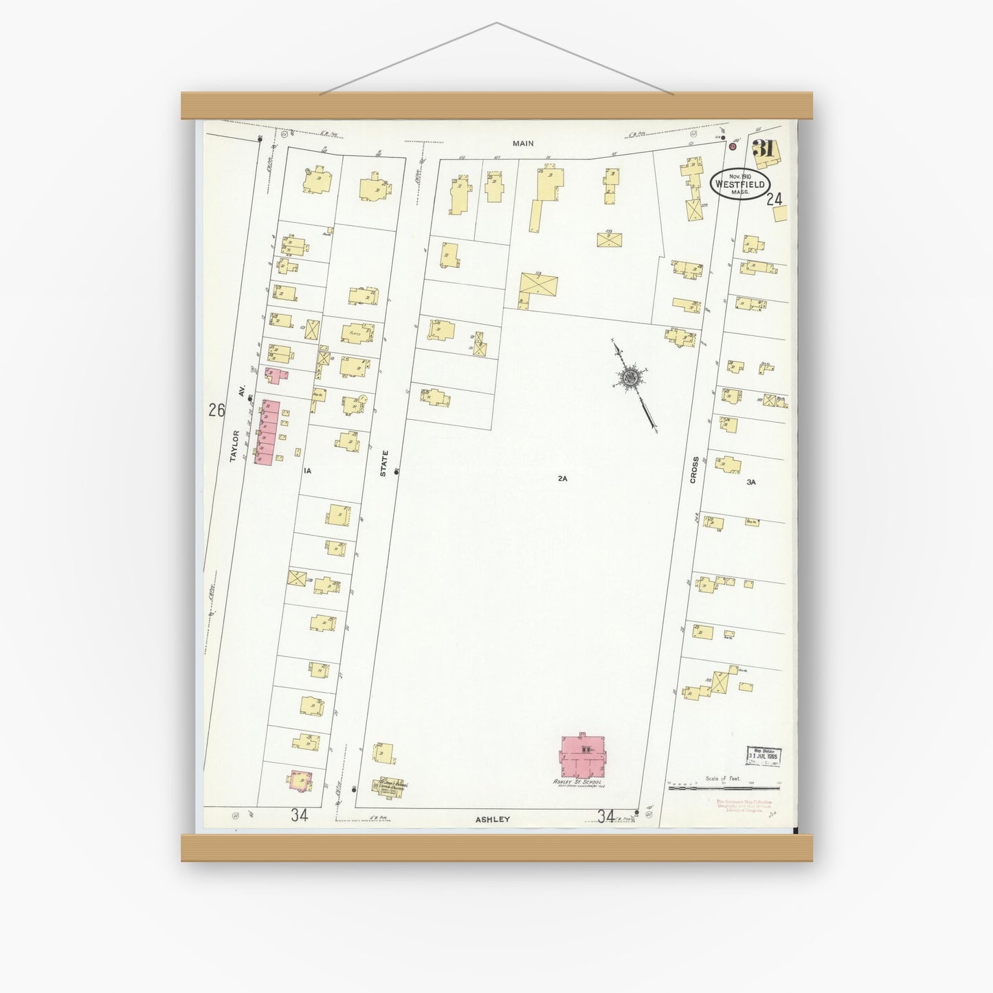 Old map wall art mockup — magnetic wood frame on white wall — Sanborn Fire Insurance Map from Westfield, Hampden County, Massachusetts (1910), Sheet #0031