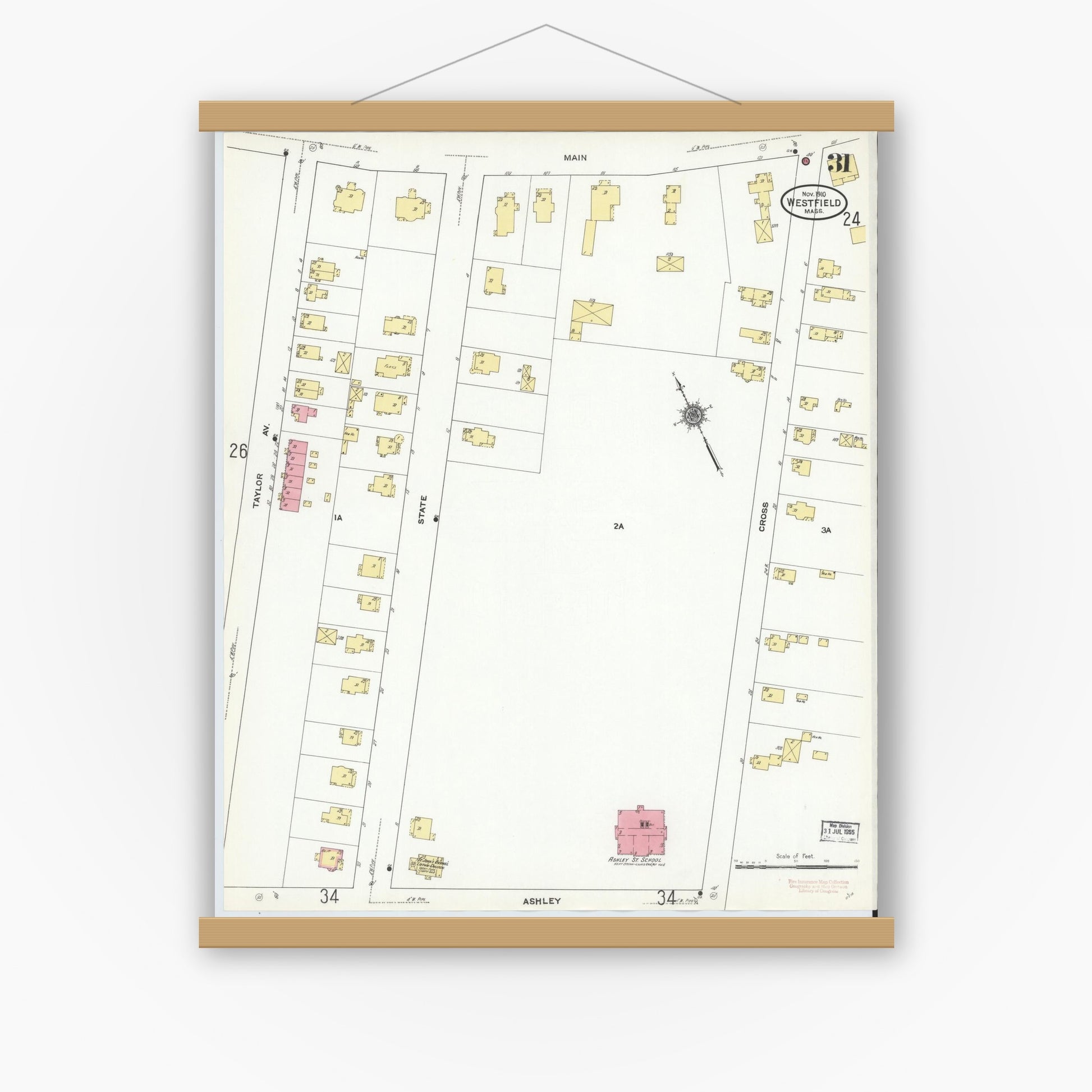Old map wall art mockup — magnetic wood frame on white wall — Sanborn Fire Insurance Map from Westfield, Hampden County, Massachusetts (1910), Sheet #0031