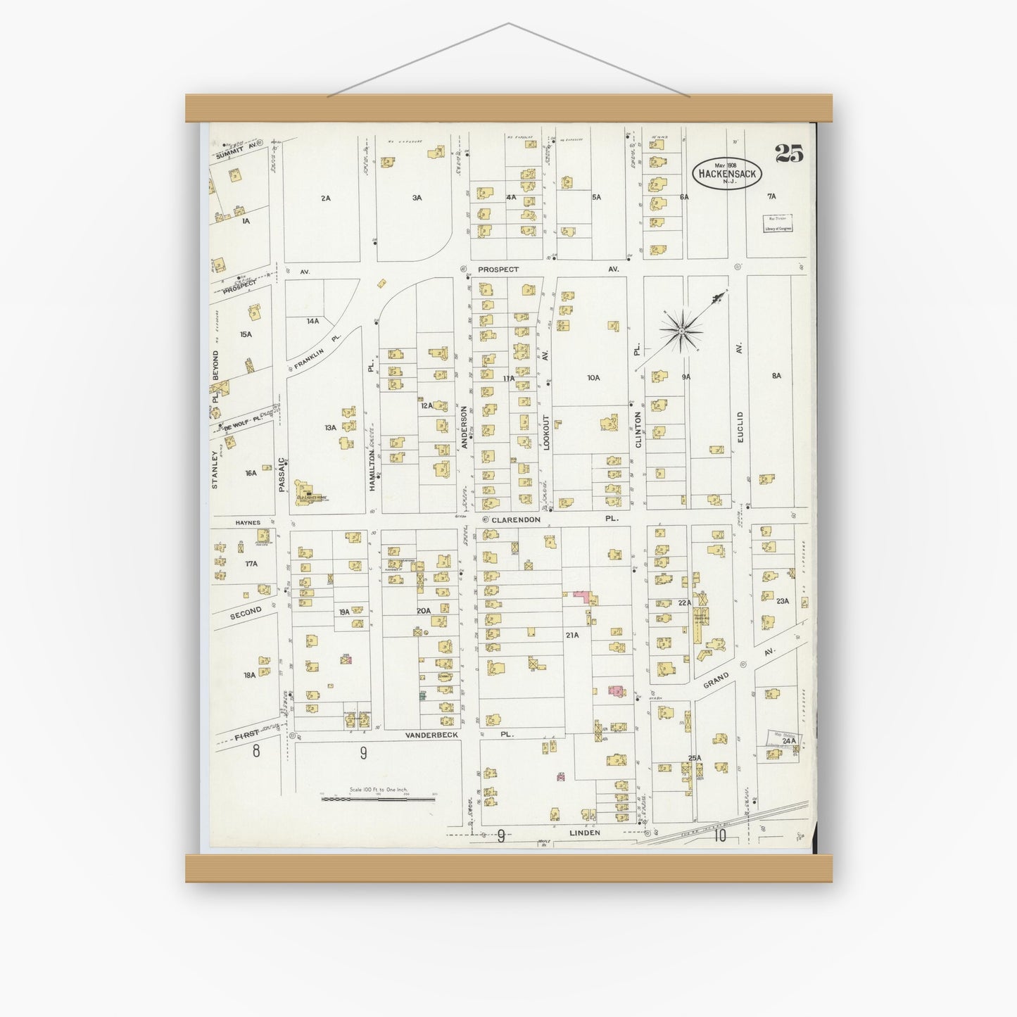 Old map wall art mockup — magnetic wood frame on white wall — Sanborn Fire Insurance Map from Hackensack, Bergen County, New Jersey (1908), Sheet #0025
