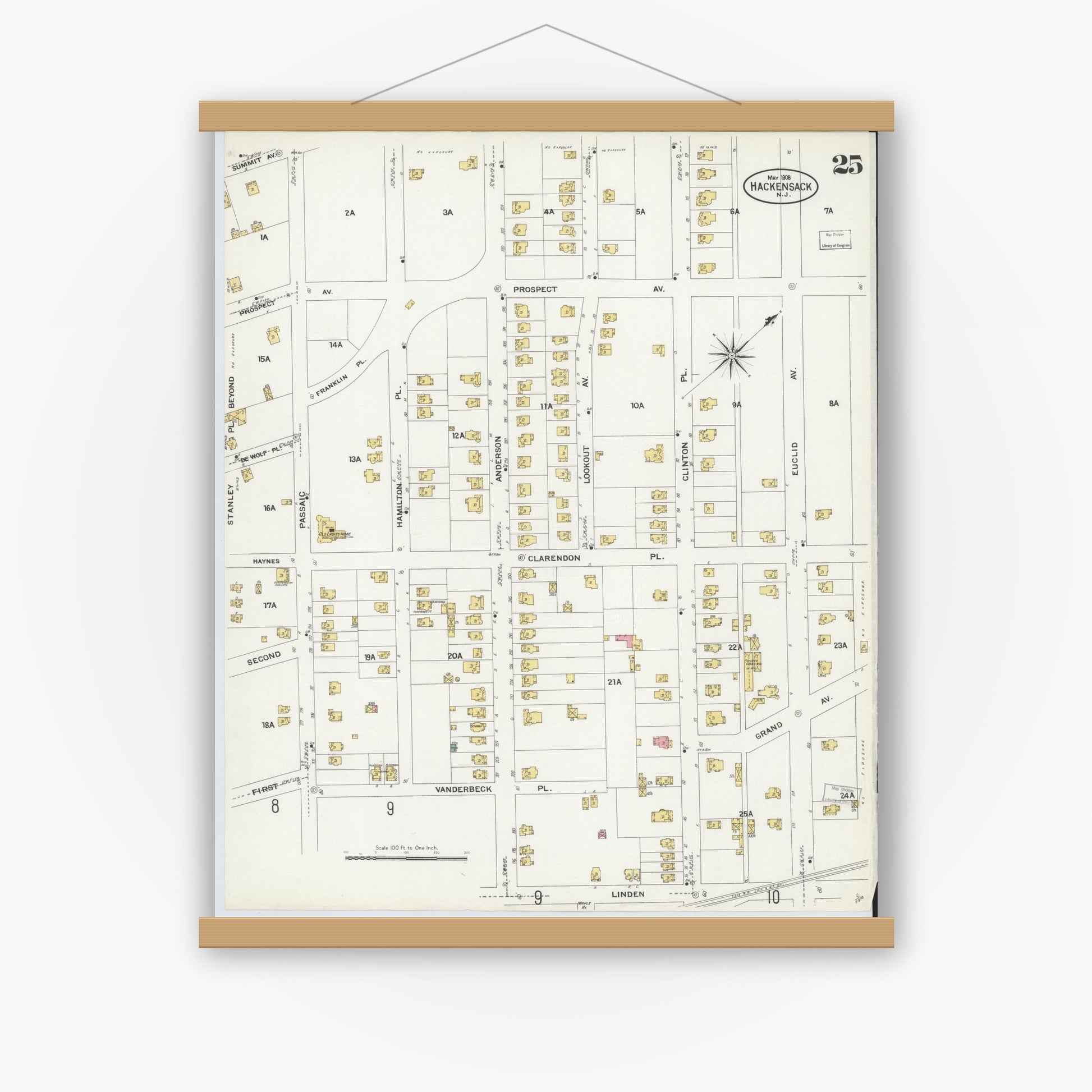 Old map wall art mockup — magnetic wood frame on white wall — Sanborn Fire Insurance Map from Hackensack, Bergen County, New Jersey (1908), Sheet #0025