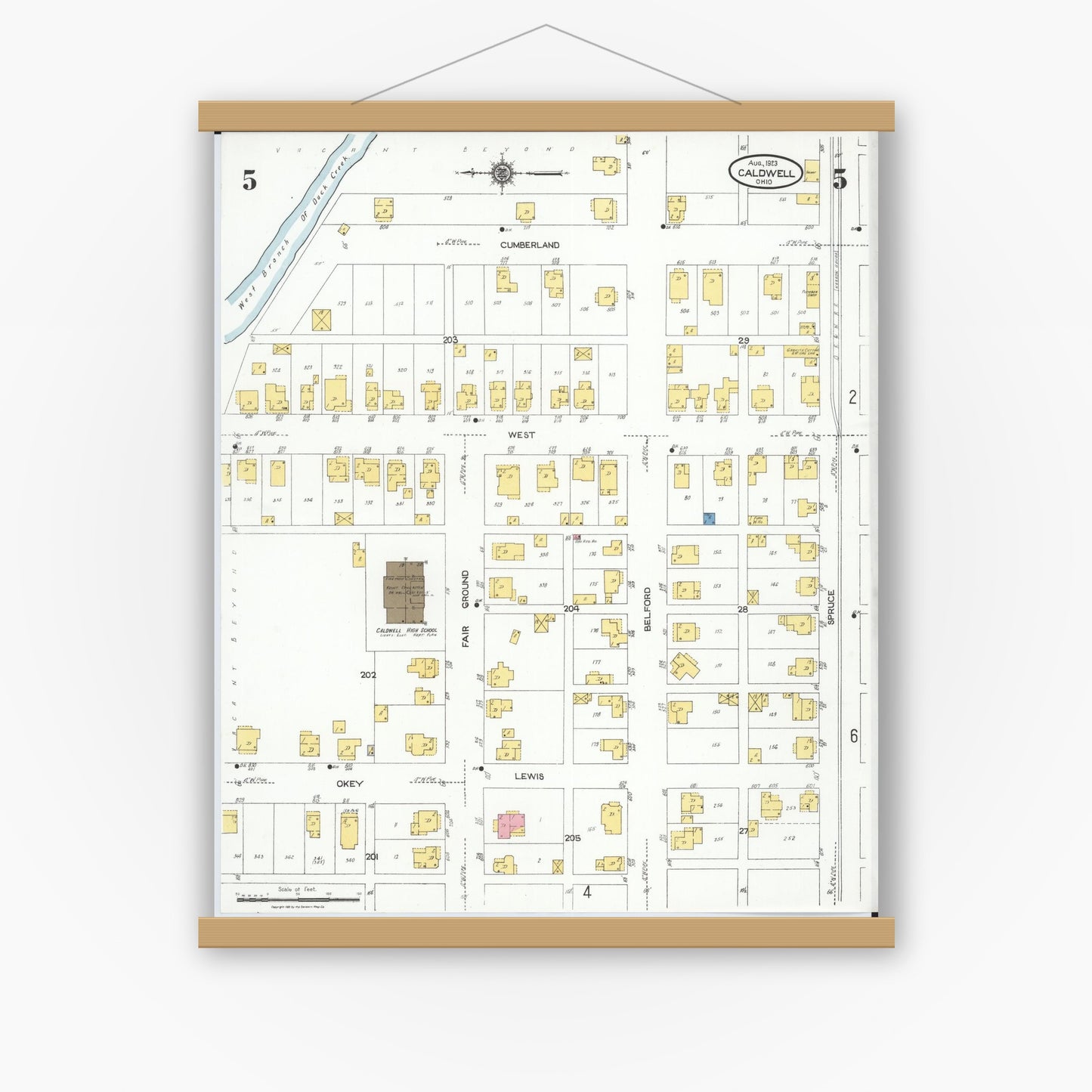 Old map wall art mockup — magnetic wood frame on white wall — Sanborn Fire Insurance Map from Caldwell, Noble County, Ohio (1923), Sheet #0005