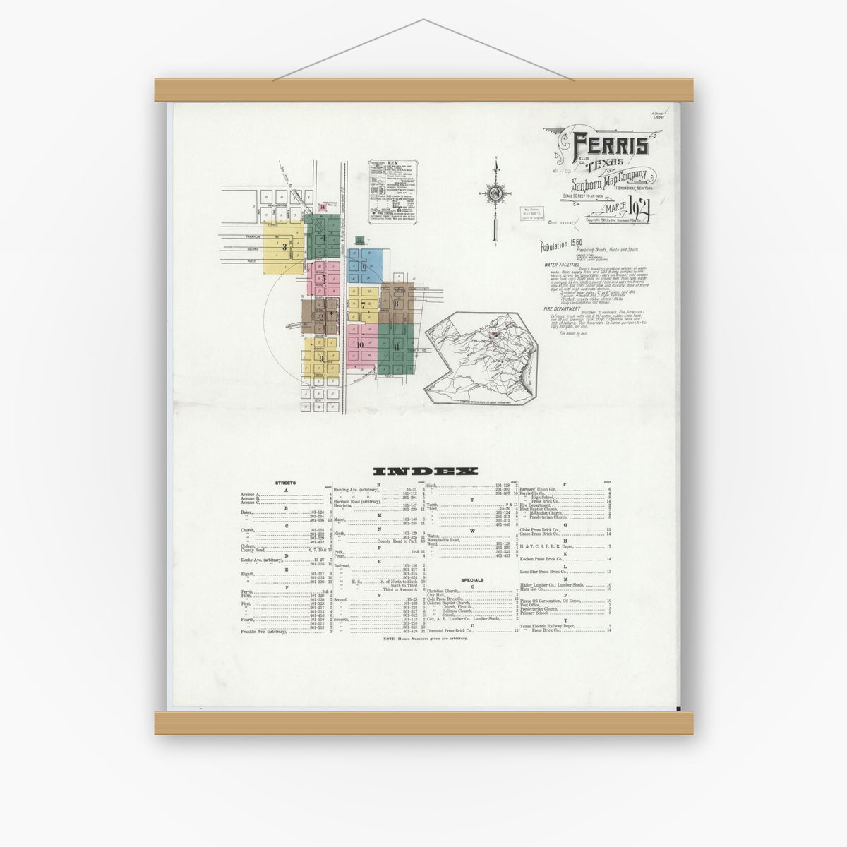 Old map wall art mockup — magnetic wood frame on white wall — Sanborn Fire Insurance Map from Ferris, Ellis County, Texas (1921), Sheet #0001
