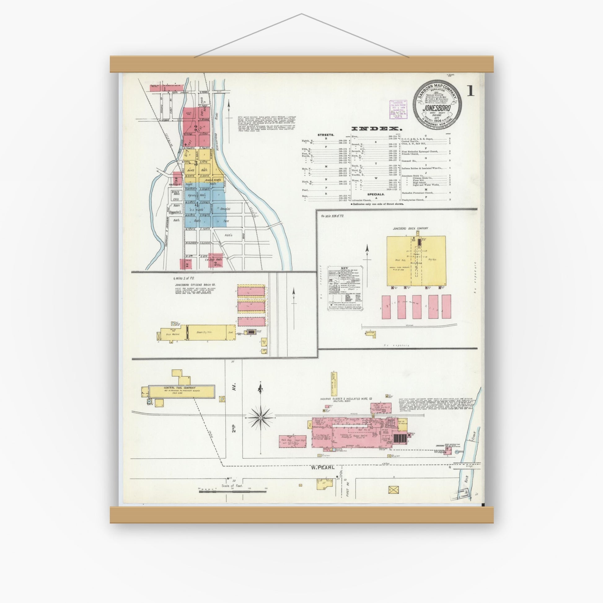 Old map wall art mockup — magnetic wood frame on white wall — Sanborn Fire Insurance Map from Jonesboro, Grant County, Indiana (1904) - Complete Map Set