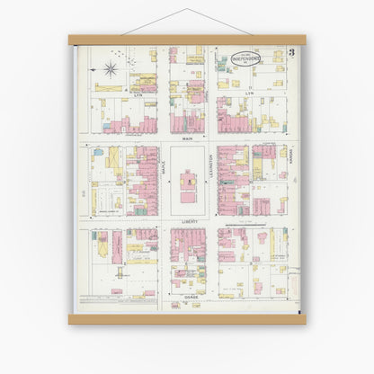 Old map wall art mockup — magnetic wood frame on white wall — Sanborn Fire Insurance Map from Independence, Jackson County, Missouri (1892), Sheet #0003
