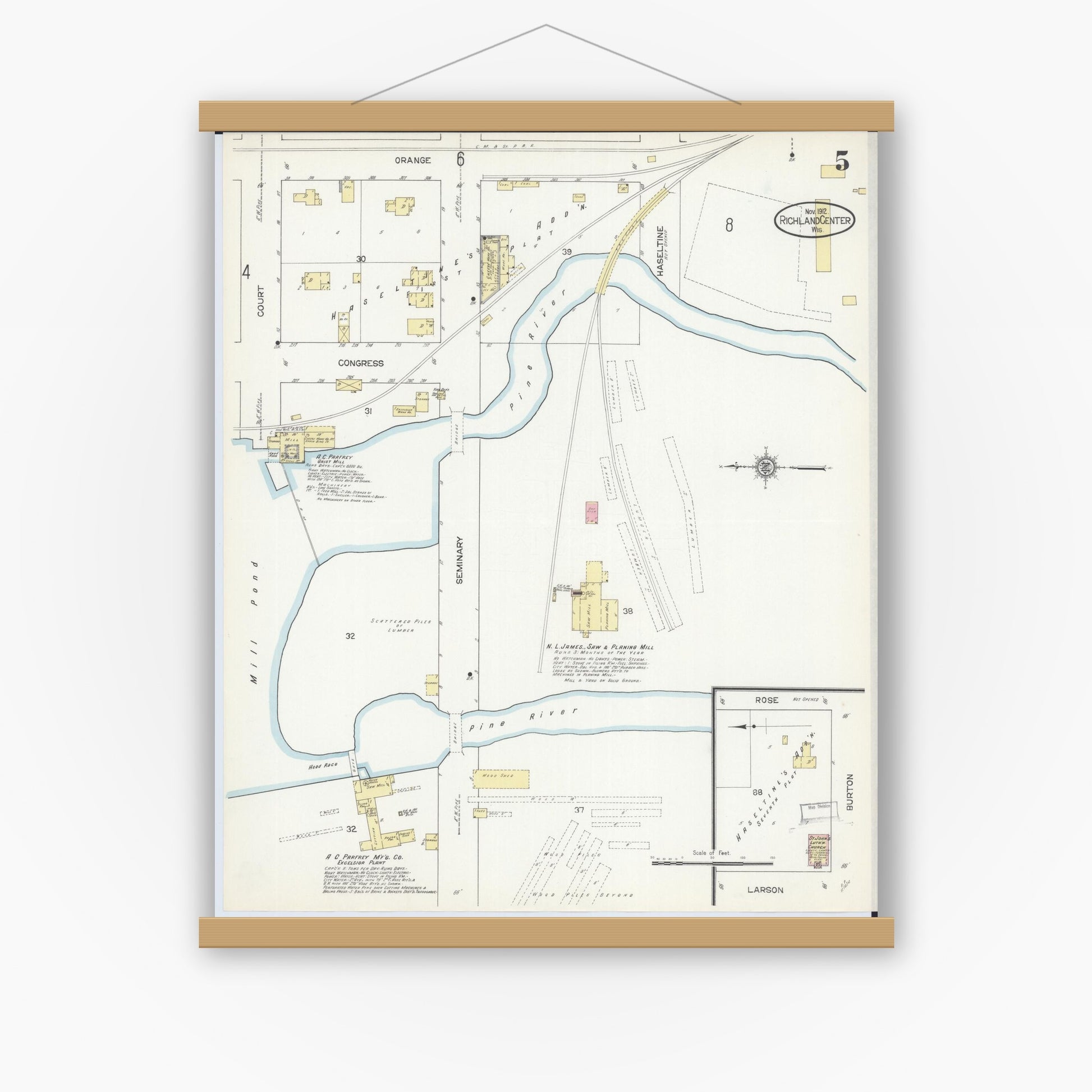 Old map wall art mockup — magnetic wood frame on white wall — Sanborn Fire Insurance Map from Richland Center, Richland County, Wisconsin (1912), Sheet #0005