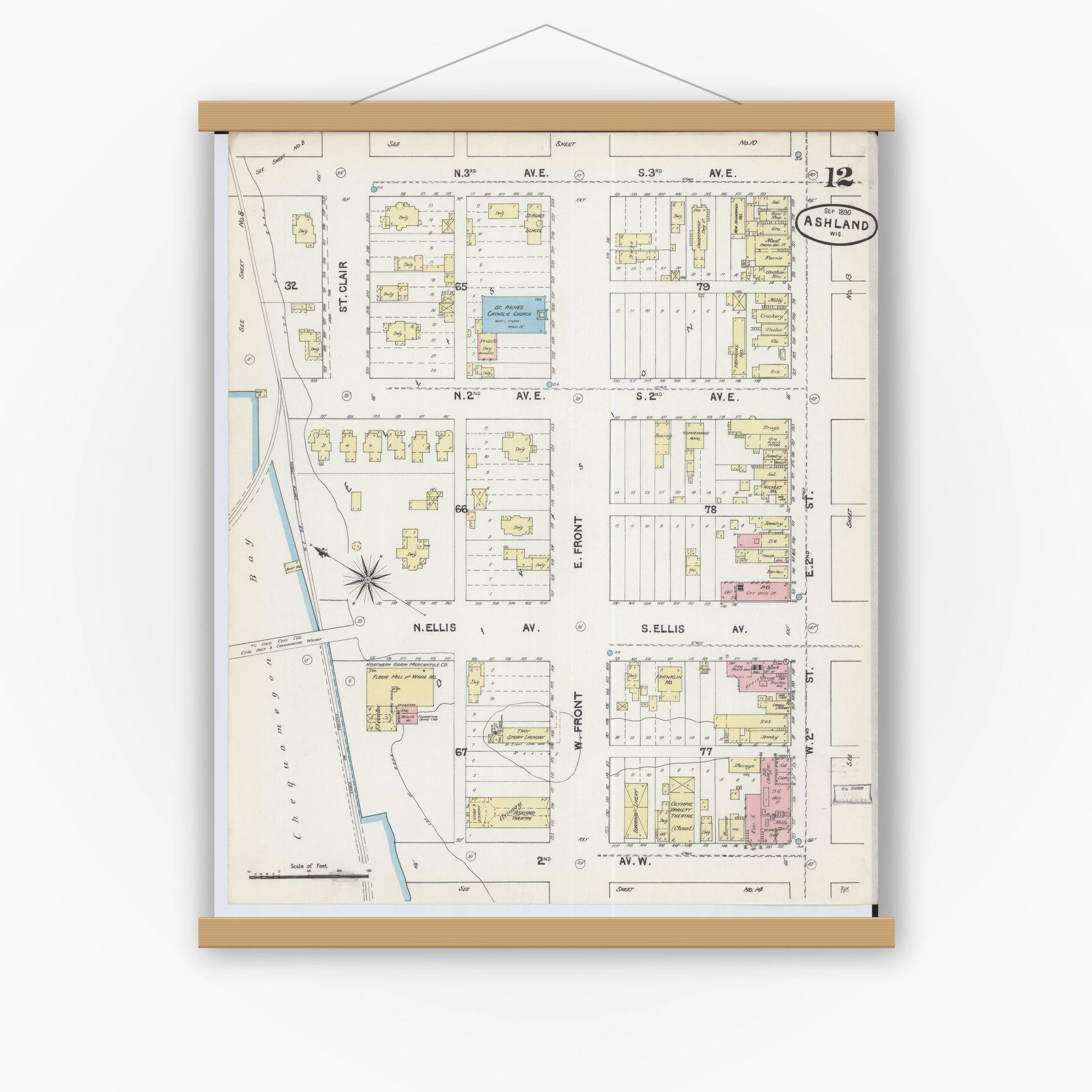 Old map wall art mockup — magnetic wood frame on white wall — Sanborn Fire Insurance Map from Ashland, Ashland County, Wisconsin (1890), Sheet #0012
