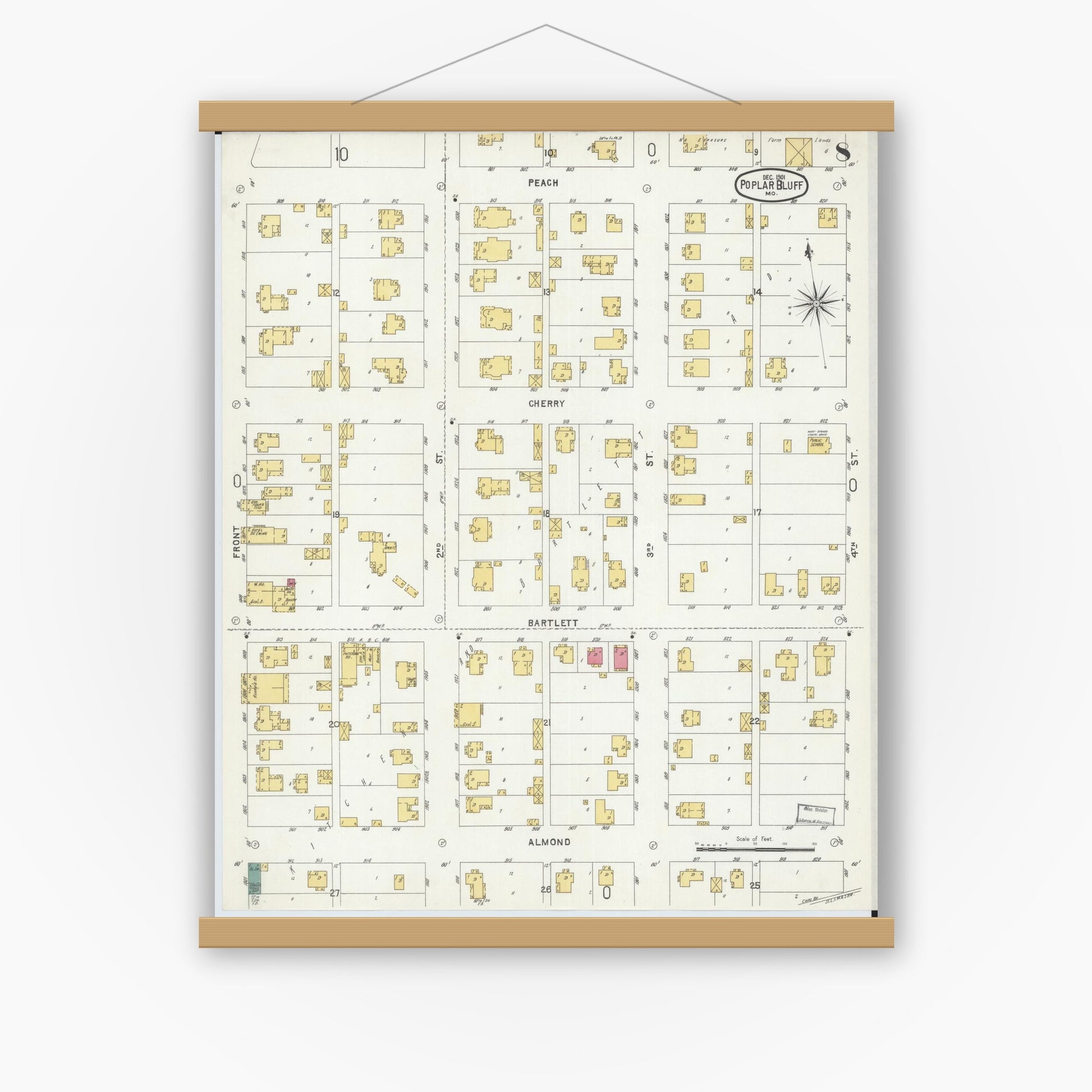 Old map wall art mockup — magnetic wood frame on white wall — Sanborn Fire Insurance Map from Poplar Bluff, Butler County, Missouri (1901), Sheet #0008