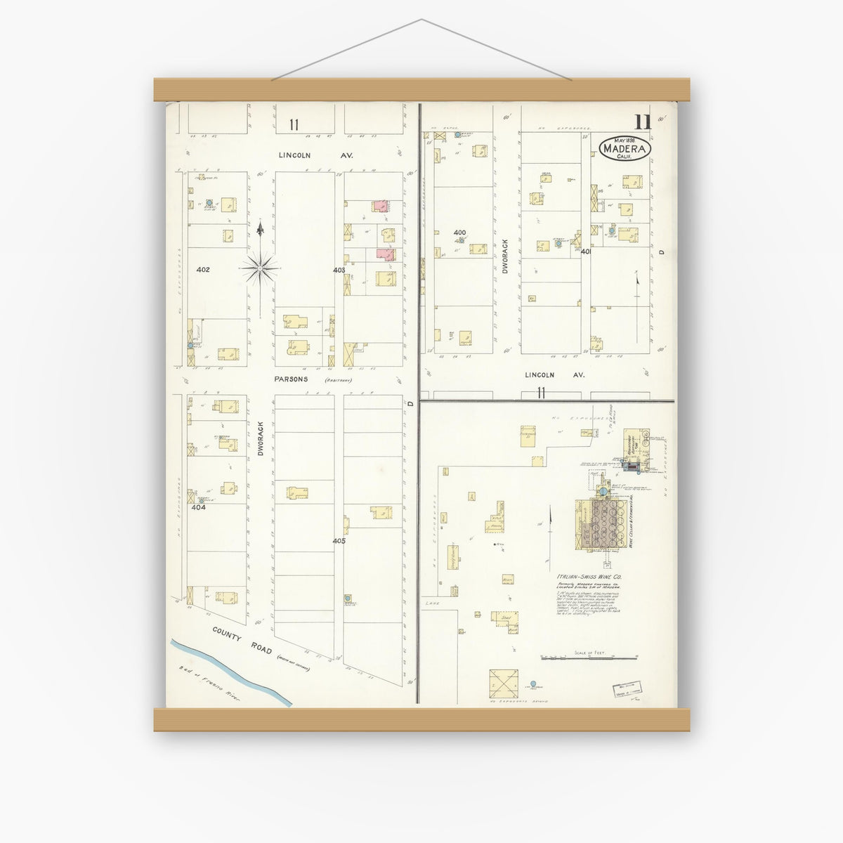 Old map wall art mockup — magnetic wood frame on white wall — Sanborn Fire Insurance Map from Madera, Madera County, California (1898), Sheet #0011