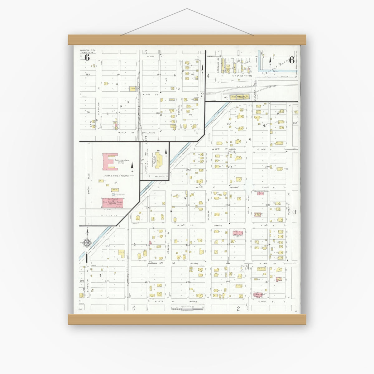Old map wall art mockup — magnetic wood frame on white wall — Sanborn Fire Insurance Map from Mission, Hidalgo County, Texas (1933), Sheet #0006