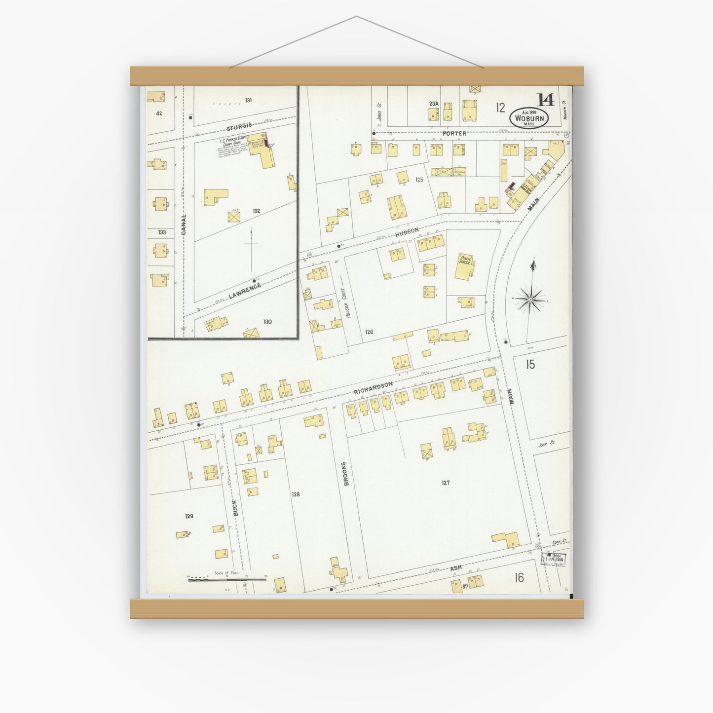 Old map wall art mockup — magnetic wood frame on white wall — Sanborn Fire Insurance Map from Woburn, Middlesex County, Massachusetts (1899), Sheet #0014
