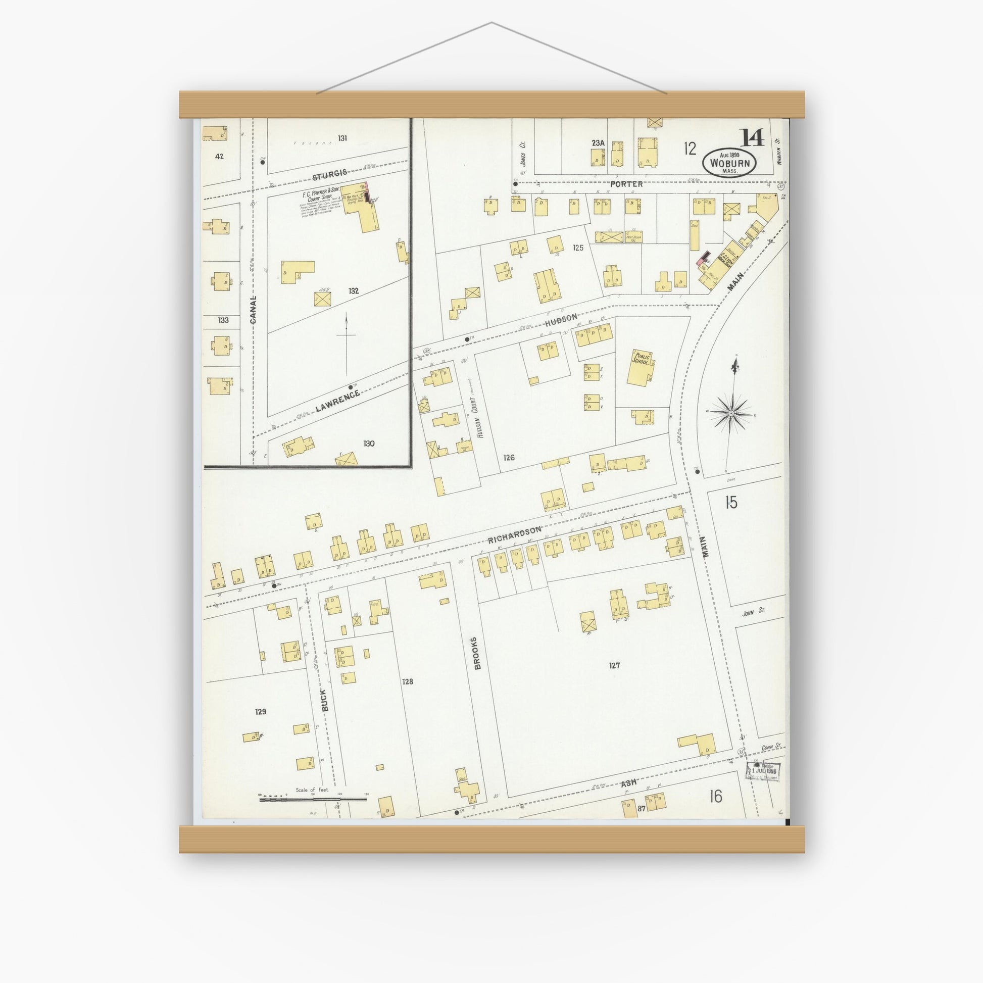 Old map wall art mockup — magnetic wood frame on white wall — Sanborn Fire Insurance Map from Woburn, Middlesex County, Massachusetts (1899), Sheet #0014