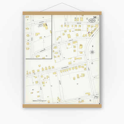 Old map wall art mockup — magnetic wood frame on white wall — Sanborn Fire Insurance Map from Woburn, Middlesex County, Massachusetts (1899), Sheet #0014