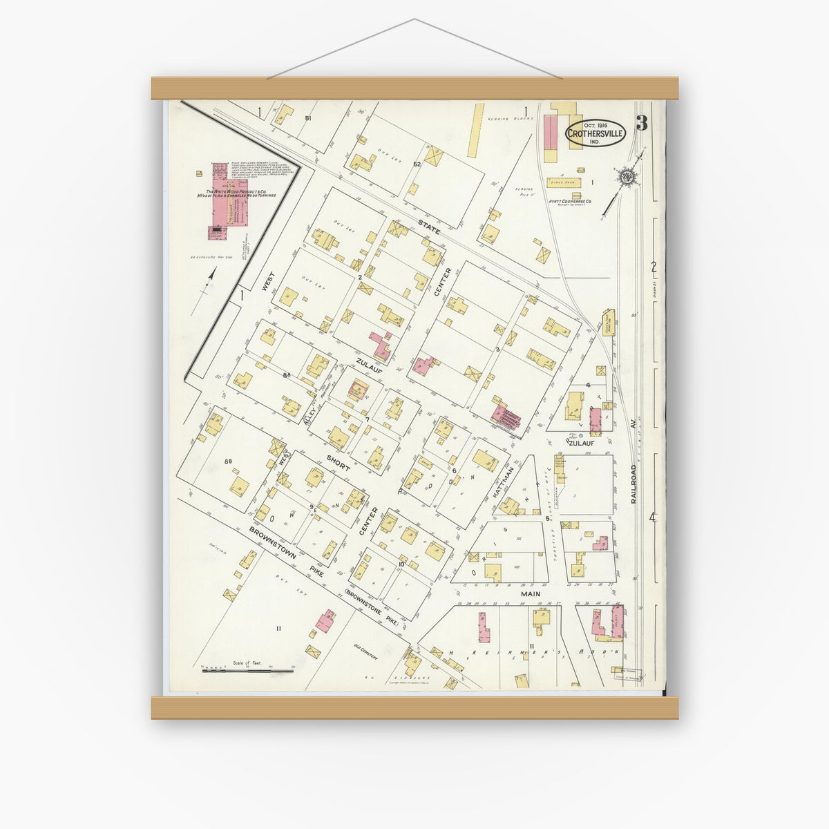 Old map wall art mockup — magnetic wood frame on white wall — Sanborn Fire Insurance Map from Crothersville, Jackson County, Indiana (1916), Sheet #0003