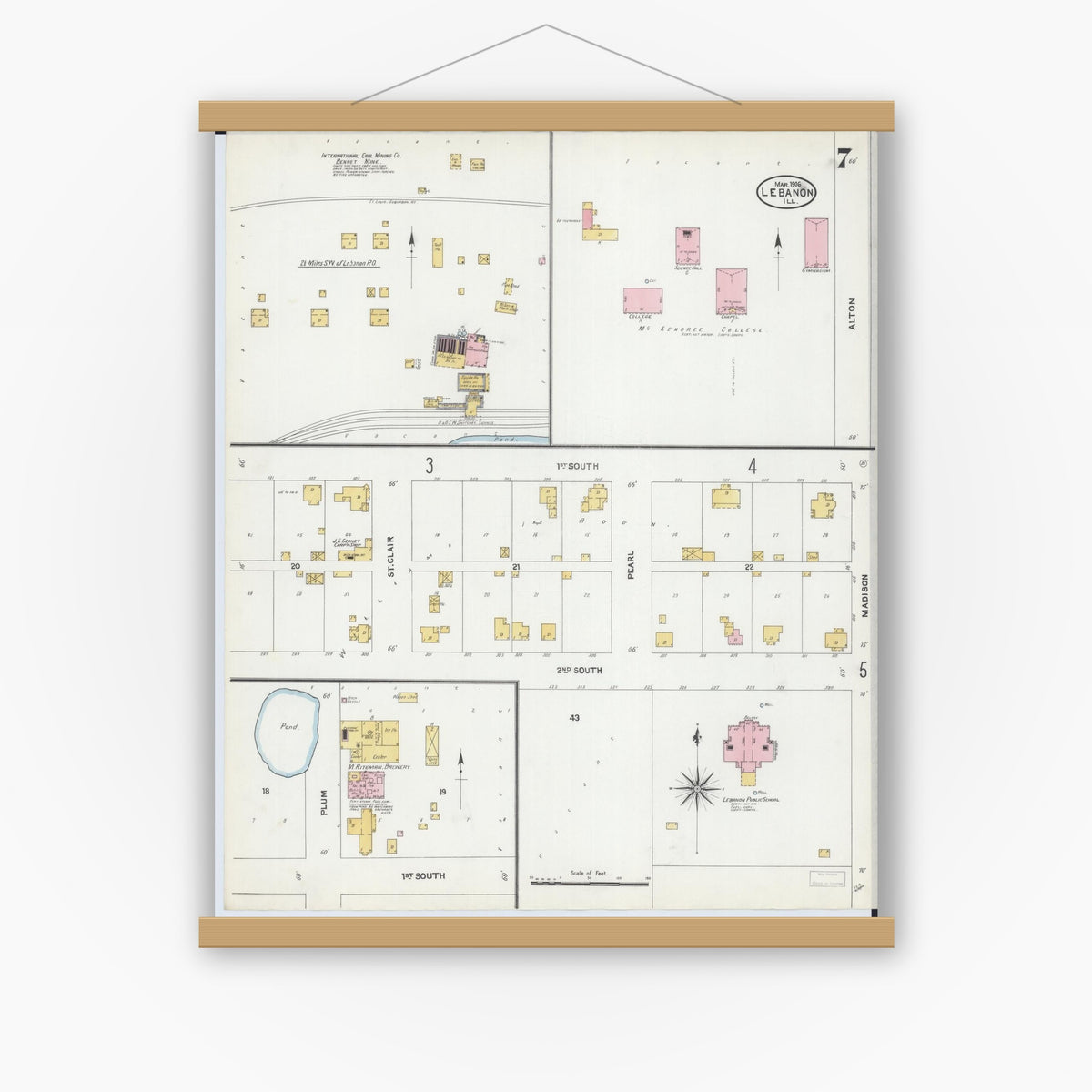 Old map wall art mockup — magnetic wood frame on white wall — Sanborn Fire Insurance Map from Lebanon, Saint Clair County, Illinois (1906), Sheet #0007