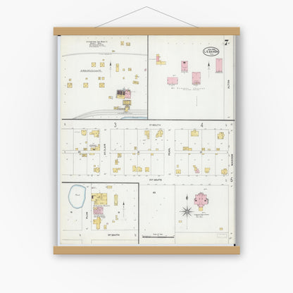 Old map wall art mockup — magnetic wood frame on white wall — Sanborn Fire Insurance Map from Lebanon, Saint Clair County, Illinois (1906), Sheet #0007