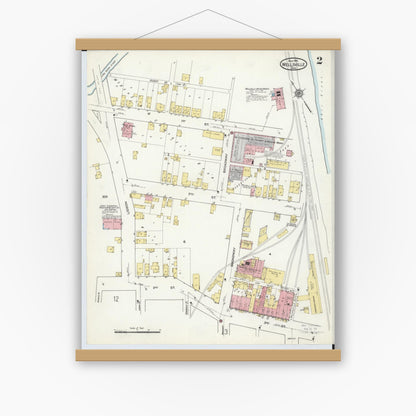 Old map wall art mockup — magnetic wood frame on white wall — Sanborn Fire Insurance Map from Wellsville, Columbiana County, Ohio (1915), Sheet #0002