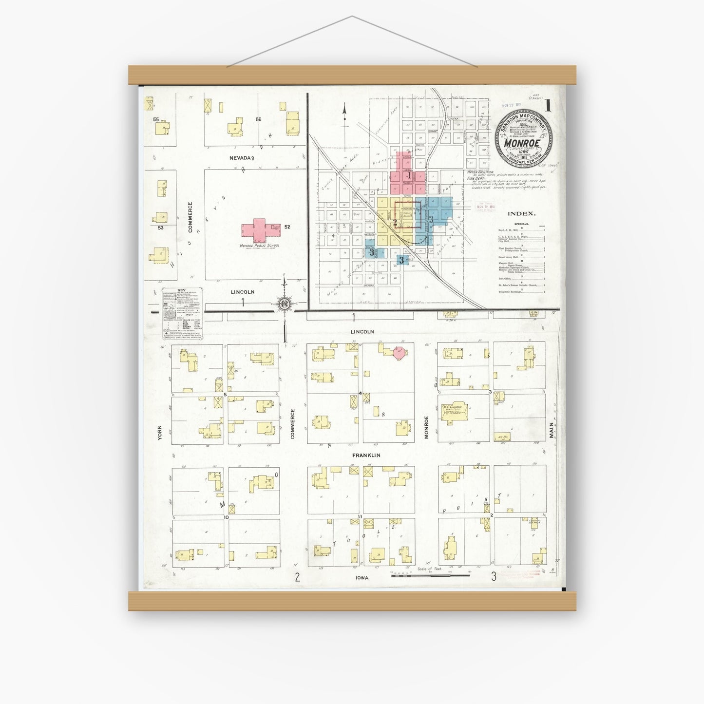 Old map wall art mockup — magnetic wood frame on white wall — Sanborn Fire Insurance Map from Monroe, Jasper County, Iowa (1911), Sheet #0001