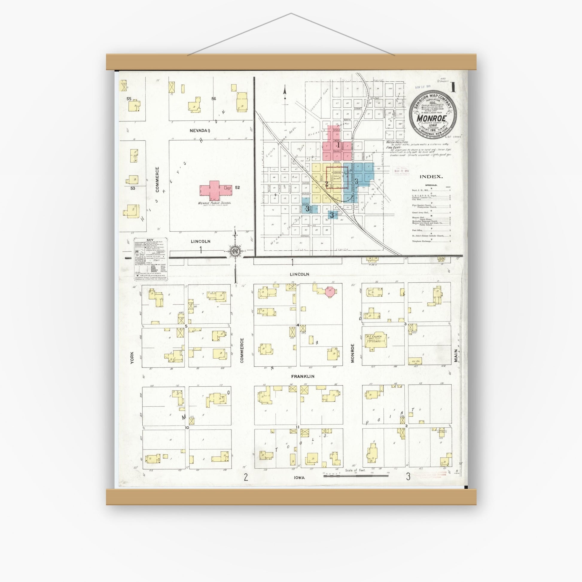 Old map wall art mockup — magnetic wood frame on white wall — Sanborn Fire Insurance Map from Monroe, Jasper County, Iowa (1911), Sheet #0001