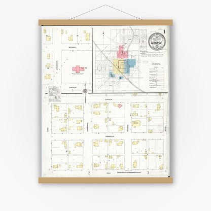 Old map wall art mockup — magnetic wood frame on white wall — Sanborn Fire Insurance Map from Monroe, Jasper County, Iowa (1911), Sheet #0001