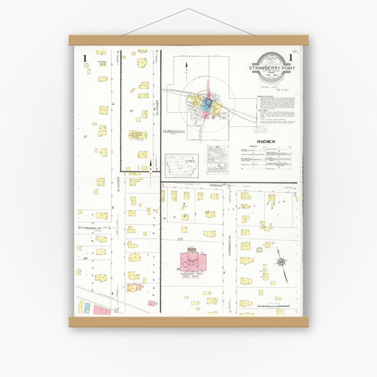 Old map wall art mockup — magnetic wood frame on white wall — Sanborn Fire Insurance Map from Strawberry Point, Clayton County, Iowa (1931), Sheet #0001