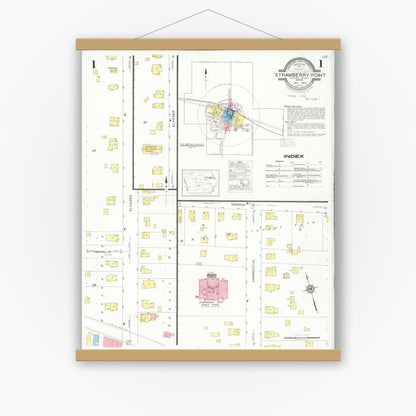 Old map wall art mockup — magnetic wood frame on white wall — Sanborn Fire Insurance Map from Strawberry Point, Clayton County, Iowa (1931), Sheet #0001