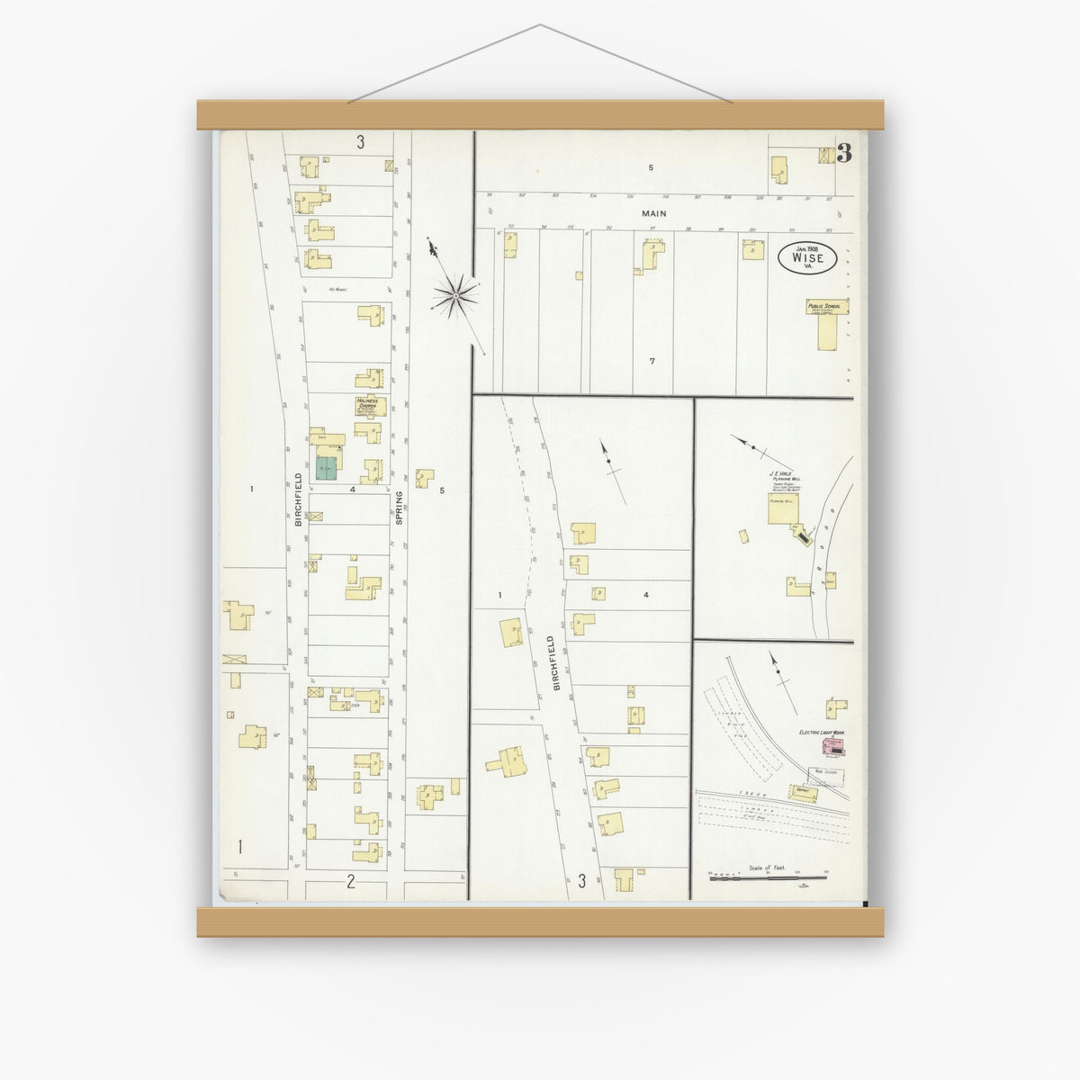 Old map wall art mockup — magnetic wood frame on white wall — Sanborn Fire Insurance Map from Wise, Wise County, Virginia (1908), Sheet #0003