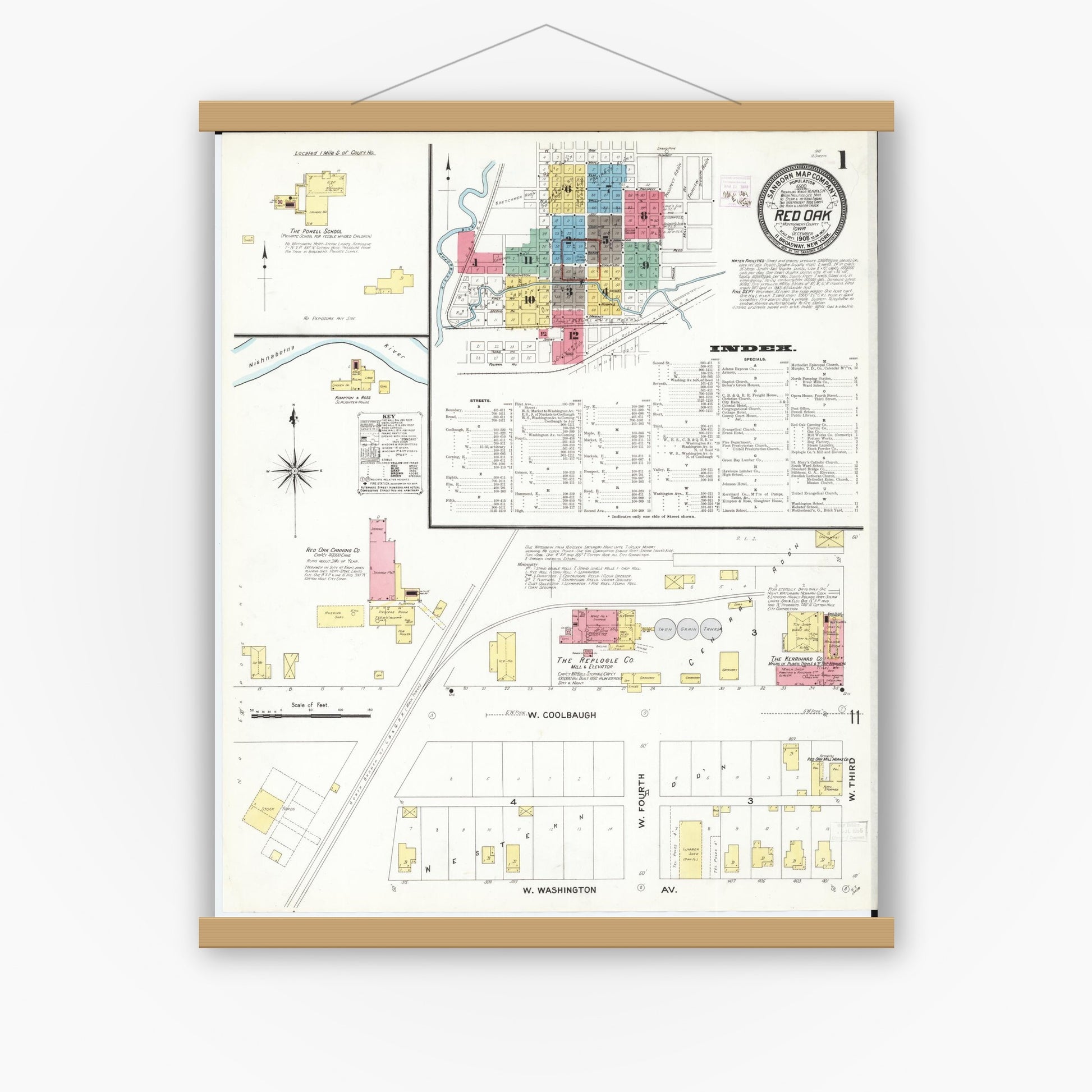 Old map wall art mockup — magnetic wood frame on white wall — Sanborn Fire Insurance Map from Red Oak, Montgomery County, Iowa (1908), Sheet #0001