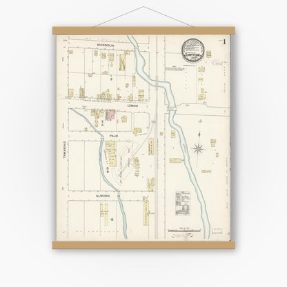 Old map wall art mockup — magnetic wood frame on white wall — Sanborn Fire Insurance Map from Compton, Los Angeles County, California (1888), Sheet #0001