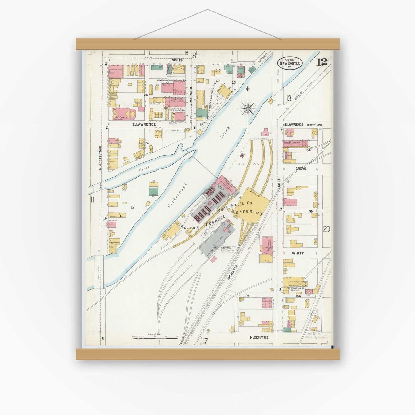 Old map wall art mockup — magnetic wood frame on white wall — Sanborn Fire Insurance Map from New Castle, Lawrence County, Pennsylvania (1899), Sheet #0012
