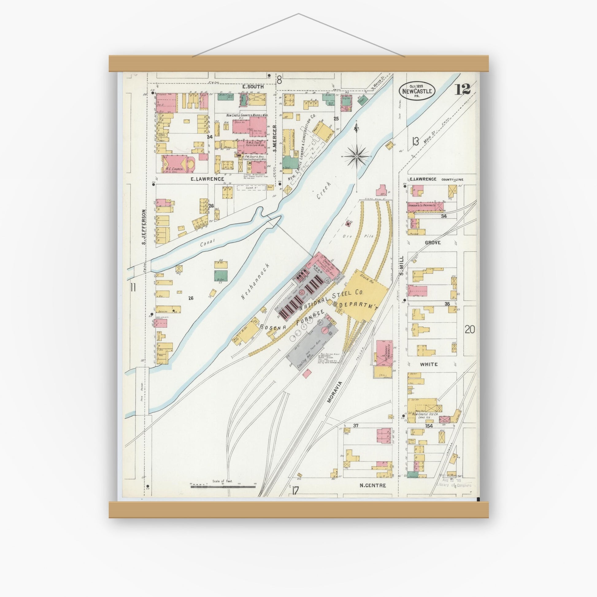 Old map wall art mockup — magnetic wood frame on white wall — Sanborn Fire Insurance Map from New Castle, Lawrence County, Pennsylvania (1899), Sheet #0012