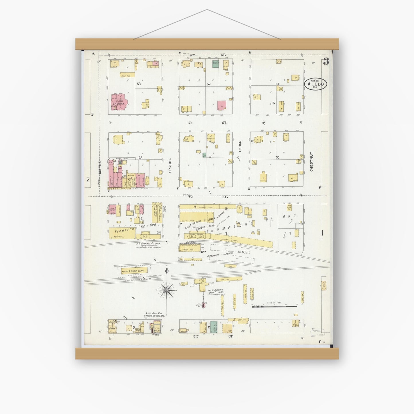 Old map wall art mockup — magnetic wood frame on white wall — Sanborn Fire Insurance Map from Aledo, Mercer County, Illinois (1901), Sheet #0003