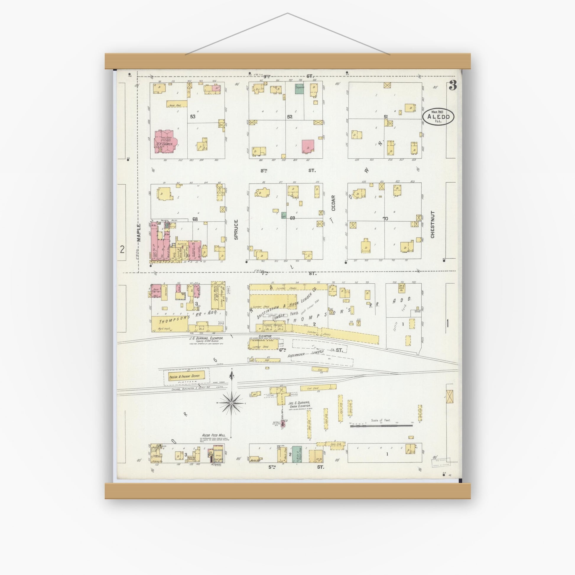 Old map wall art mockup — magnetic wood frame on white wall — Sanborn Fire Insurance Map from Aledo, Mercer County, Illinois (1901), Sheet #0003