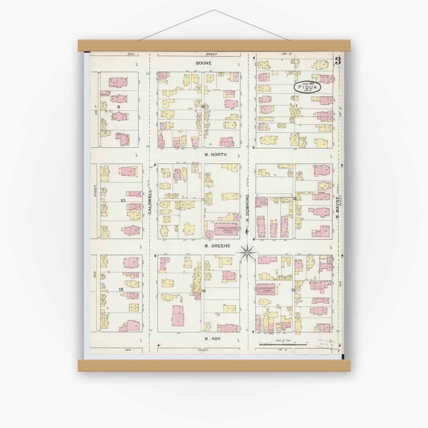 Old map wall art mockup — magnetic wood frame on white wall — Sanborn Fire Insurance Map from Piqua, Miami County, Ohio (1892), Sheet #0003