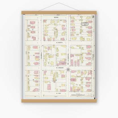 Old map wall art mockup — magnetic wood frame on white wall — Sanborn Fire Insurance Map from Piqua, Miami County, Ohio (1892), Sheet #0003