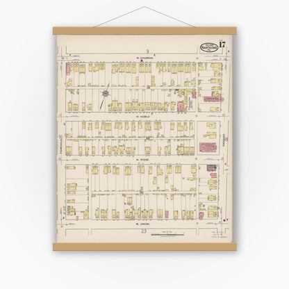 Old map wall art mockup — magnetic wood frame on white wall — Sanborn Fire Insurance Map from Nanticoke, Luzerne County, Pennsylvania (1920), Sheet #0017